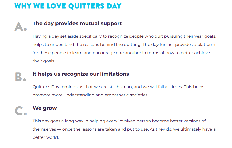 Why we love quitters day - Excerpt celebrating failed New Year's Resolutions.