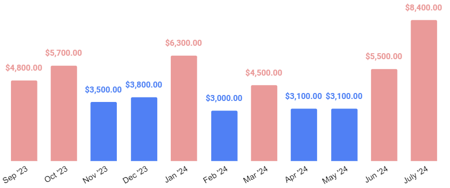 Monthly Spending W Travel Sep 23 to July 24